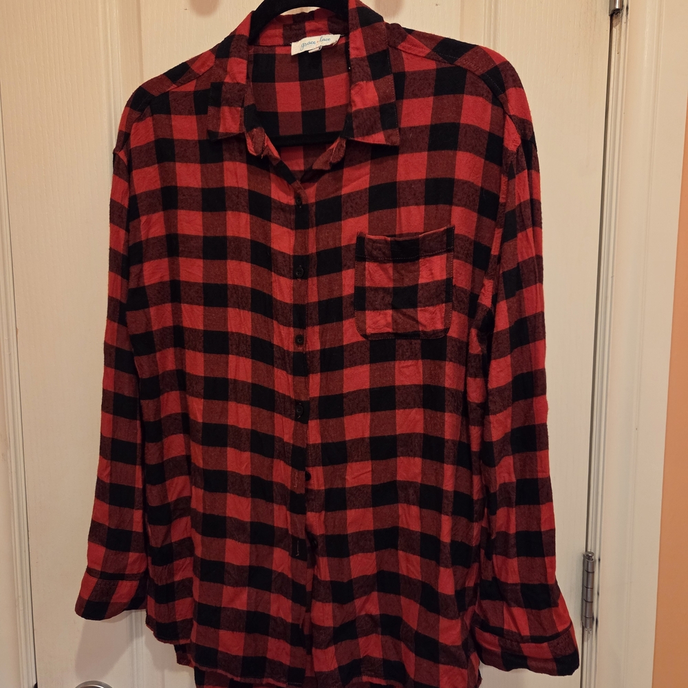 Red and Black Plaid Button-Up Shirt